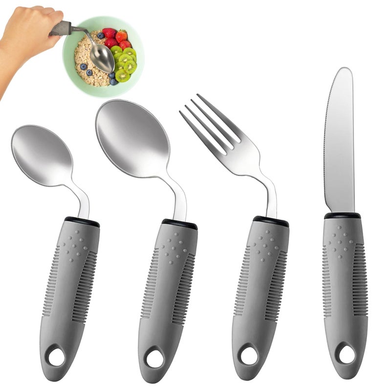 BaseSmall 4Piece Adaptive Utensils Set 42 Angled Parkinsons Utensils 25 oz Weighted Utensils for Hand Tremors and Parkinsons Patients Weighted Silverware for Hand Tremors Grey RightHanded